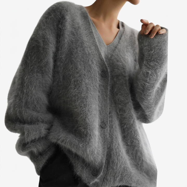 Olga | Soft Pink Fuzzy V-Neck Button-Up Cardigan