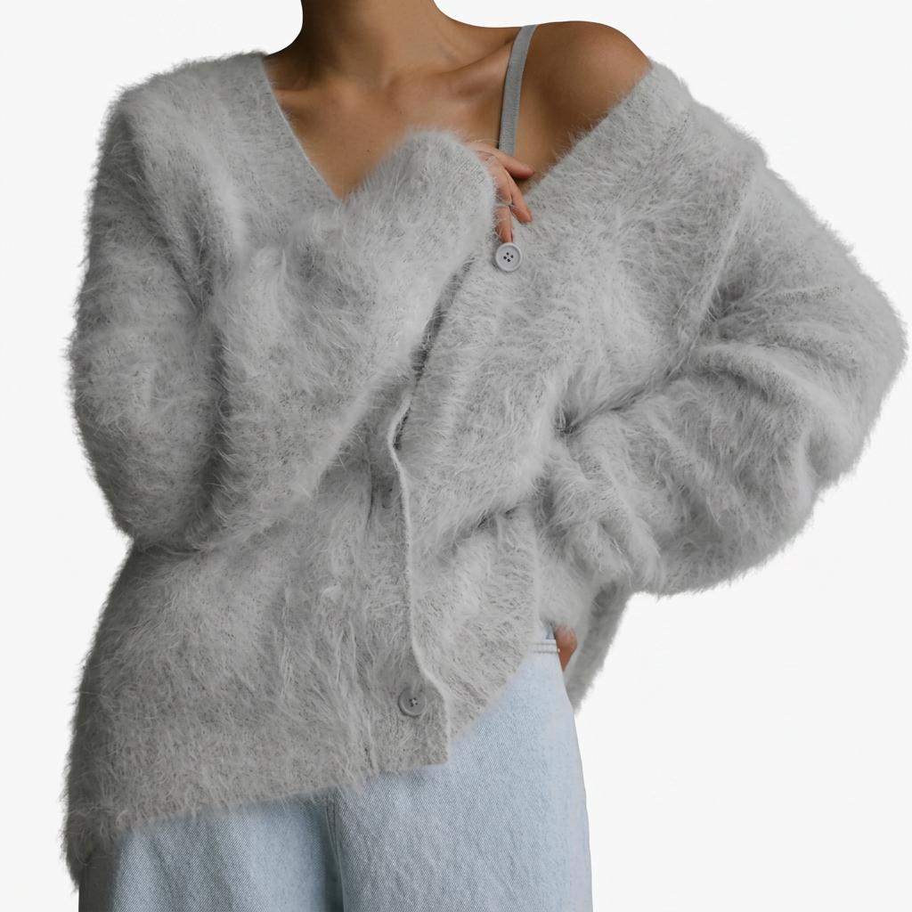 Olga | Soft Pink Fuzzy V-Neck Button-Up Cardigan