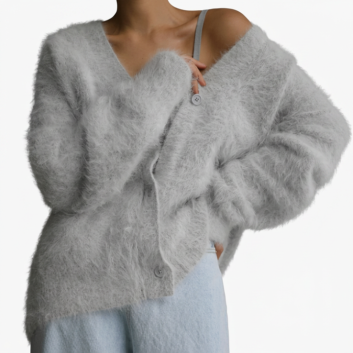 Olga | Soft Pink Fuzzy V-Neck Button-Up Cardigan
