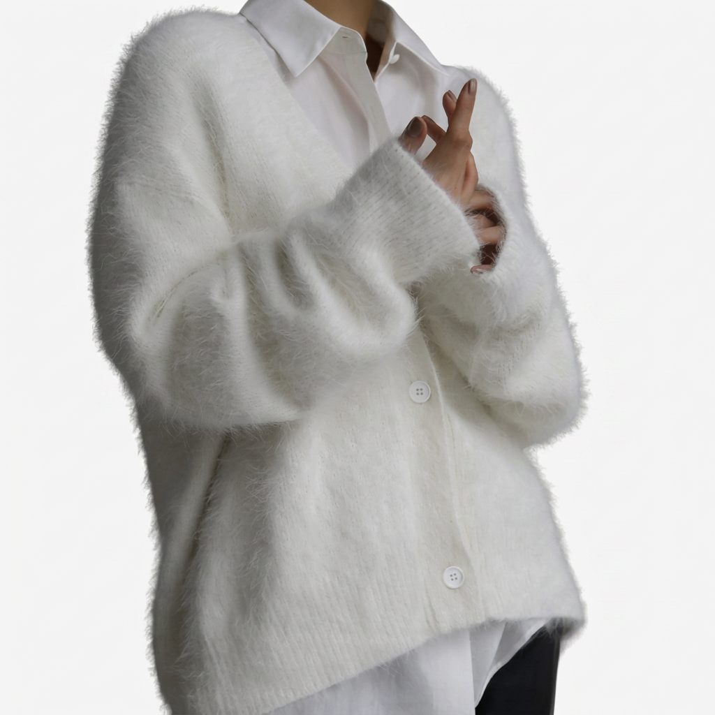Olga | Soft Pink Fuzzy V-Neck Button-Up Cardigan