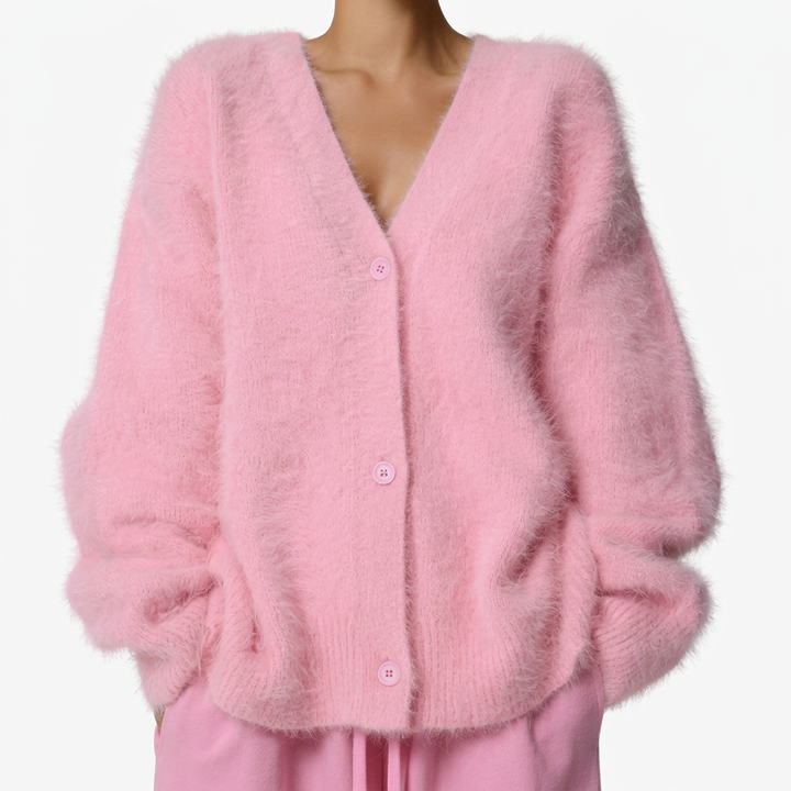 Olga | Soft Pink Fuzzy V-Neck Button-Up Cardigan