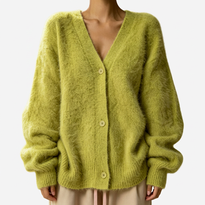 Olga | Soft Pink Fuzzy V-Neck Button-Up Cardigan
