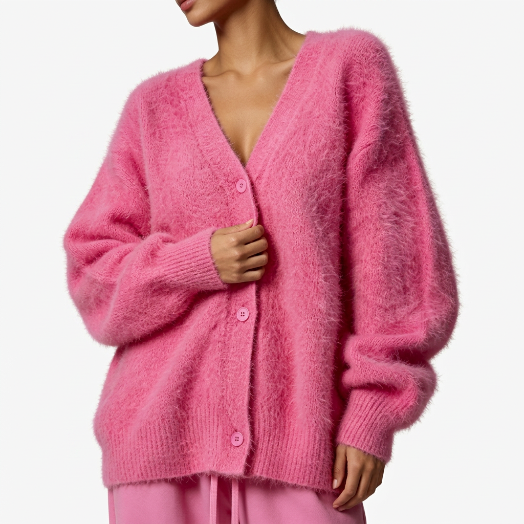 Olga | Soft Pink Fuzzy V-Neck Button-Up Cardigan