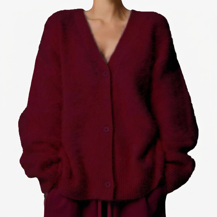 Olga | Soft Pink Fuzzy V-Neck Button-Up Cardigan
