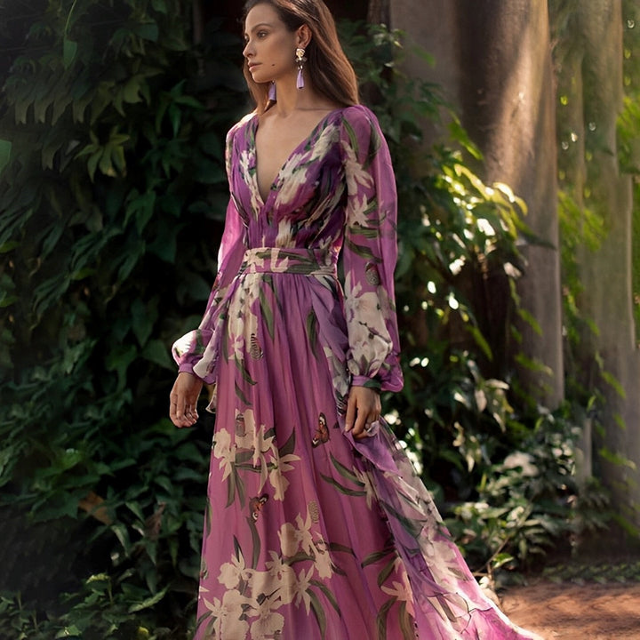 Heidi | Kvinnekomfortabel Blomster V-Hals Maxi Kjole