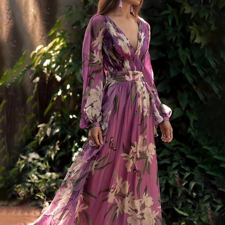 Heidi | Kvinnekomfortabel Blomster V-Hals Maxi Kjole