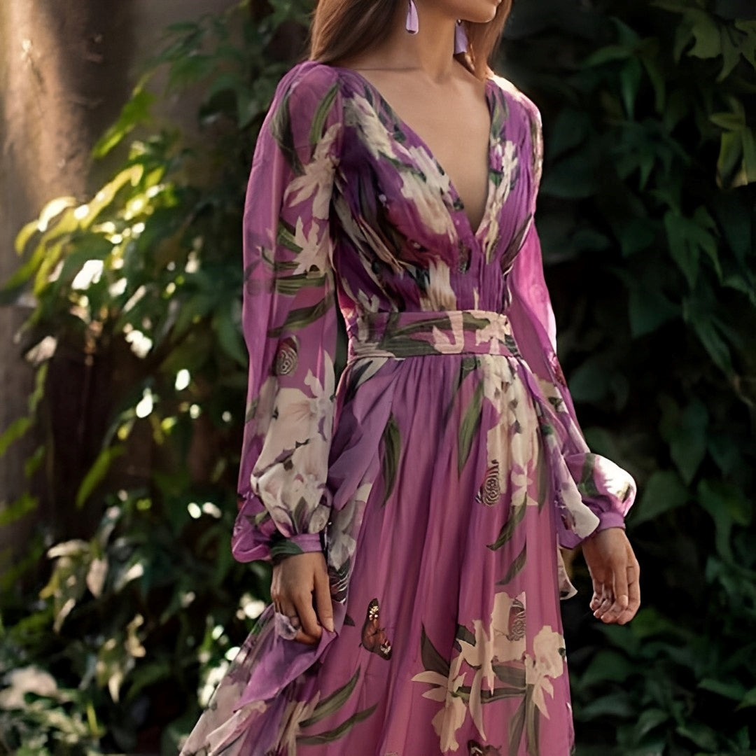 Heidi | Kvinnekomfortabel Blomster V-Hals Maxi Kjole