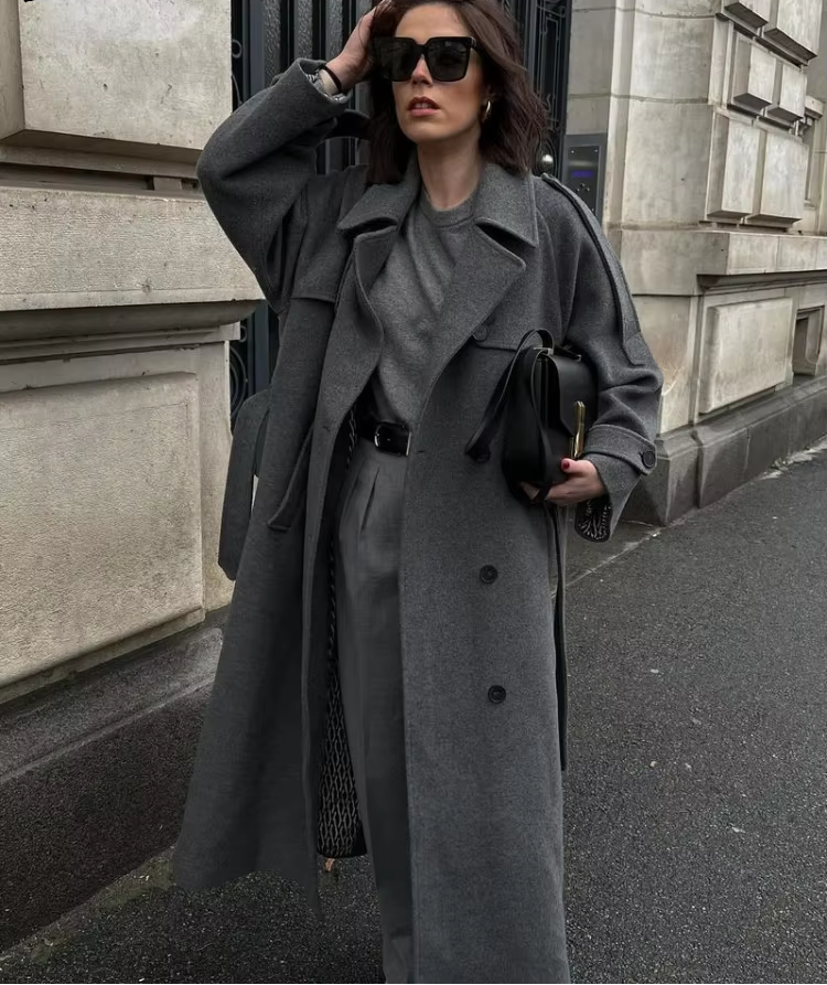 Birthe | Kvinne Lang Vinter Trench Frakk i Ull