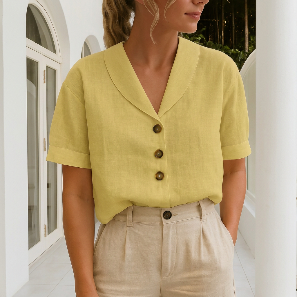 Sofia | Elegant Bluse med Innviket Hals og Korte Ermer