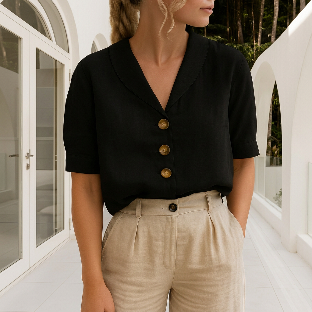 Sofia | Elegant Bluse med Innviket Hals og Korte Ermer