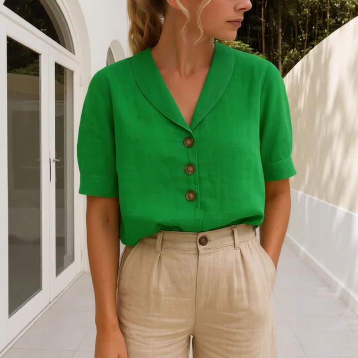 Sofia | Elegant Bluse med Innviket Hals og Korte Ermer