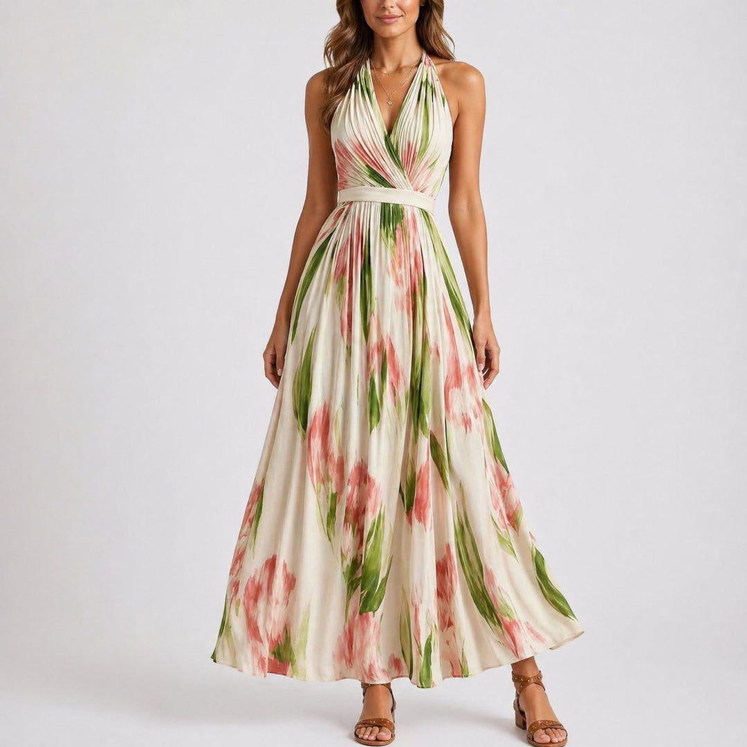Clara | Blomstrete Halterneck Maxi Bryllupsgjestekjole Akvarelltrykk