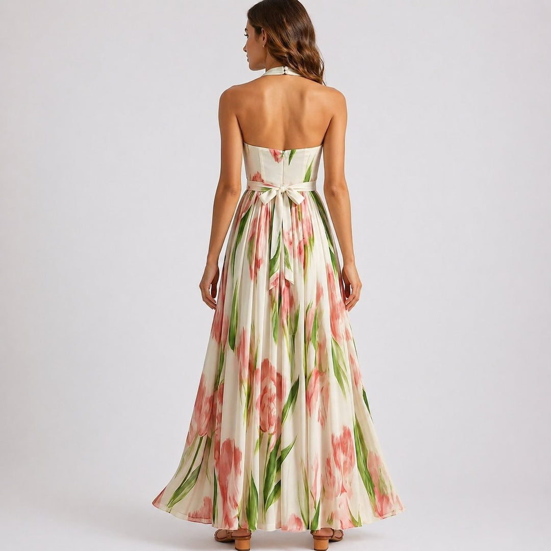 Clara | Blomstrete Halterneck Maxi Bryllupsgjestekjole Akvarelltrykk