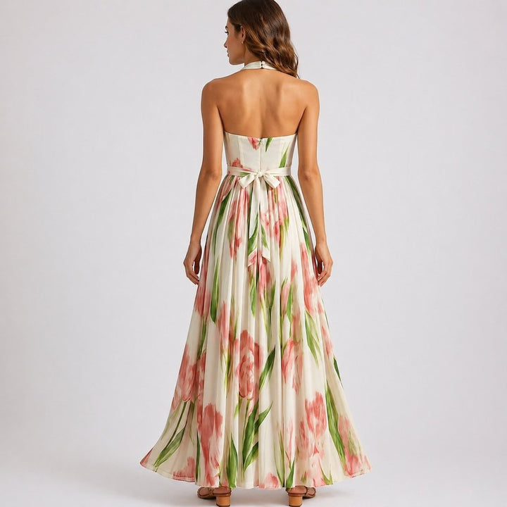 Clara | Blomstrete Halterneck Maxi Bryllupsgjestekjole Akvarelltrykk