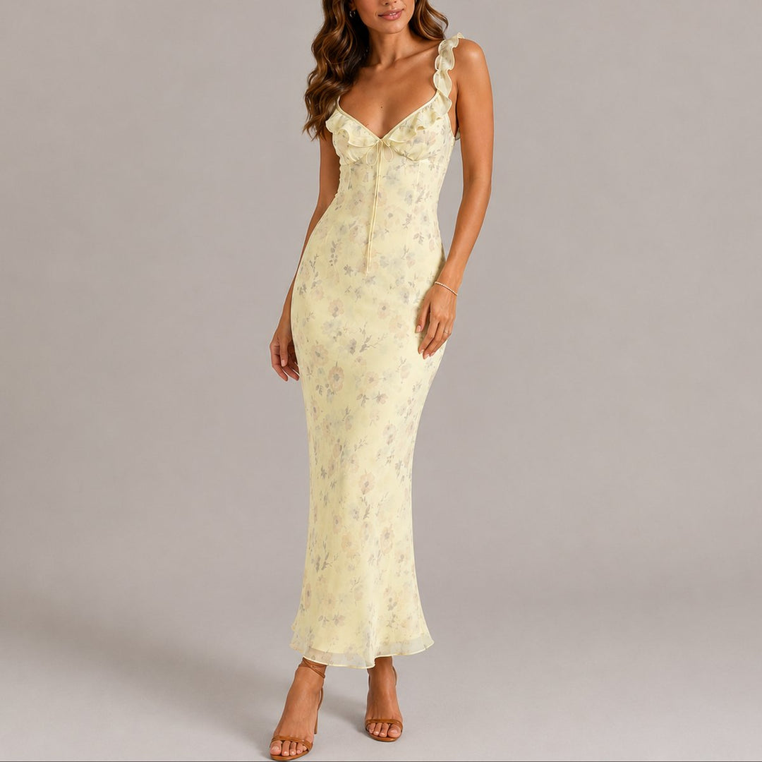 Mathilde | Blomstrete Maxi Bridesmaid Kjole med Volanger Sommer Maxi Kjole