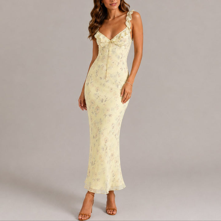 Mathilde | Blomstrete Maxi Bridesmaid Kjole med Volanger Sommer Maxi Kjole
