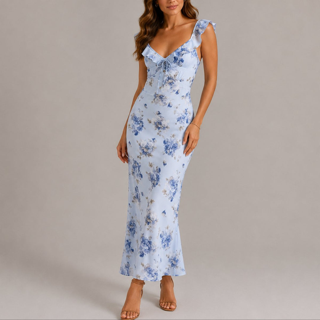 Mathilde | Blomstrete Maxi Bridesmaid Kjole med Volanger Sommer Maxi Kjole