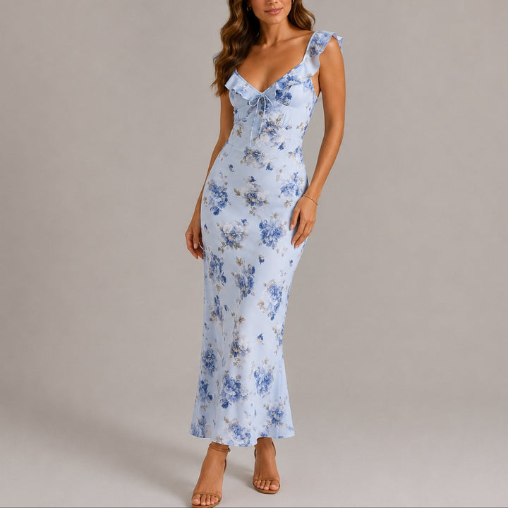 Mathilde | Blomstrete Maxi Bridesmaid Kjole med Volanger Sommer Maxi Kjole