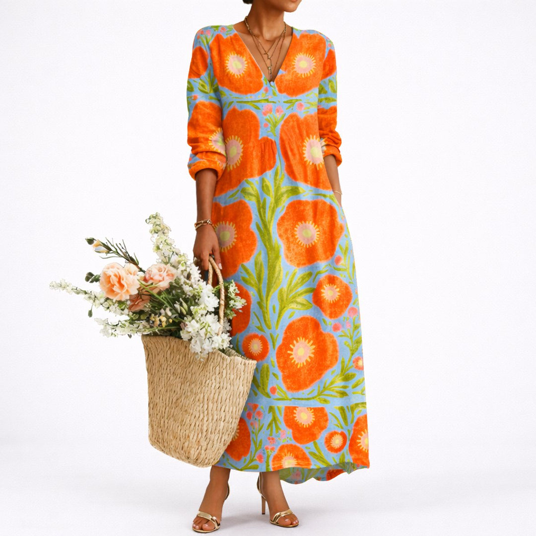 Mathilde | Blomstrete Maxi Kjole for Bryllupsgjester med V-hals