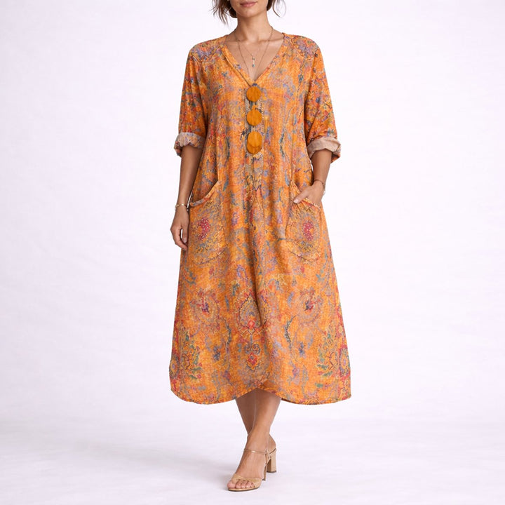 Nora | Bohemsk Print Maxi Kaftan Kjole for Bryllupsgjester om Høsten
