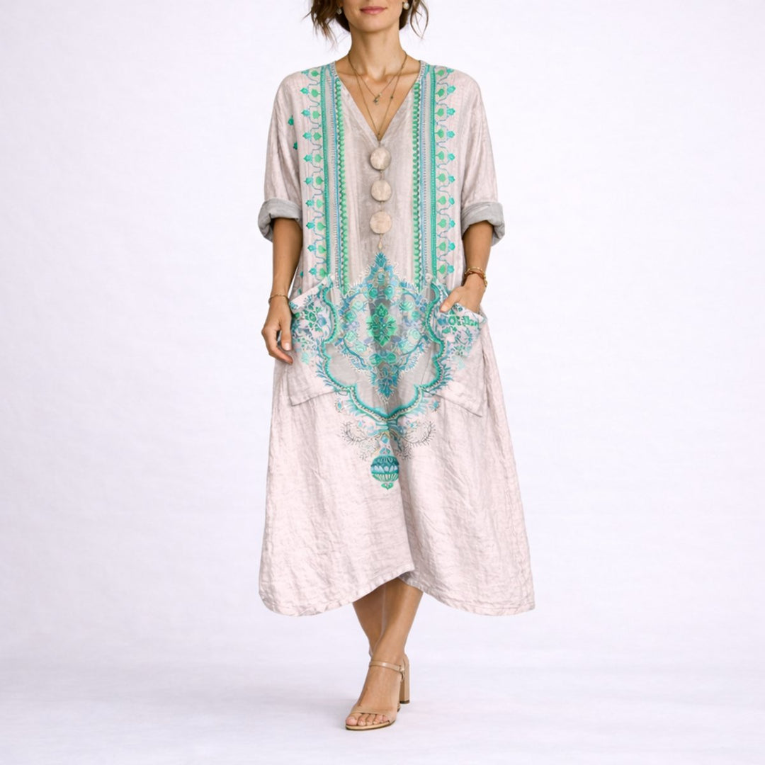 Nora | Bohemsk Print Maxi Kaftan Kjole for Bryllupsgjester om Høsten