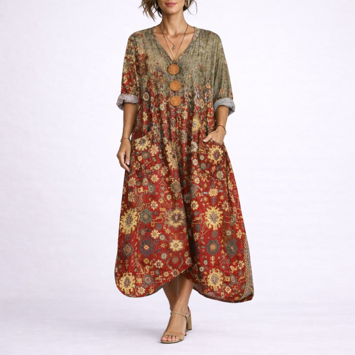 Nora | Bohemsk Print Maxi Kaftan Kjole for Bryllupsgjester om Høsten