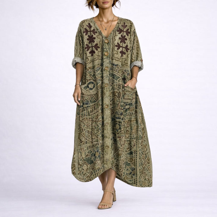 Nora | Bohemsk Print Maxi Kaftan Kjole for Bryllupsgjester om Høsten