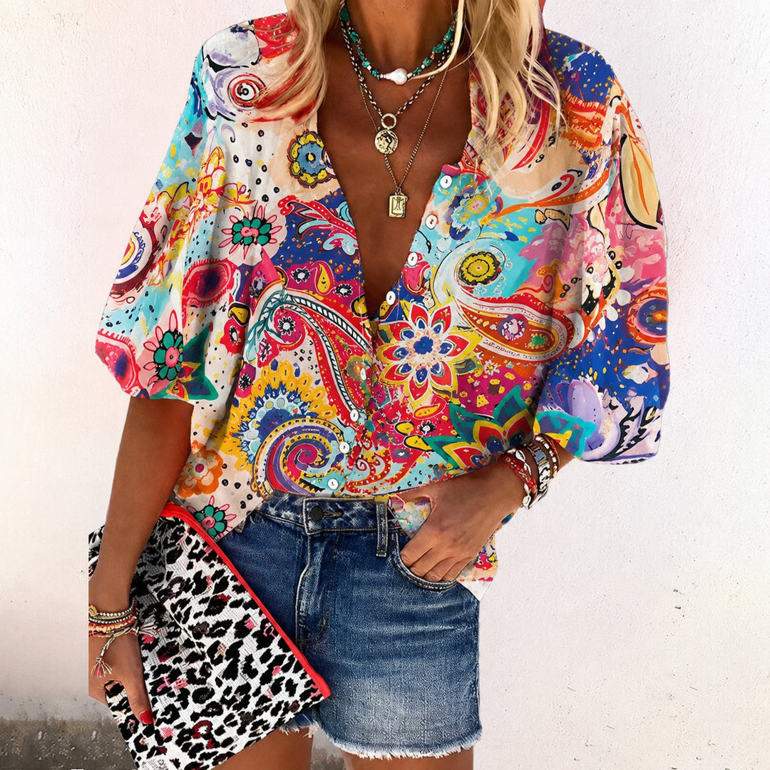 Emma | Boho Bluse V-Hals Lange Ermer Blomstertrykk