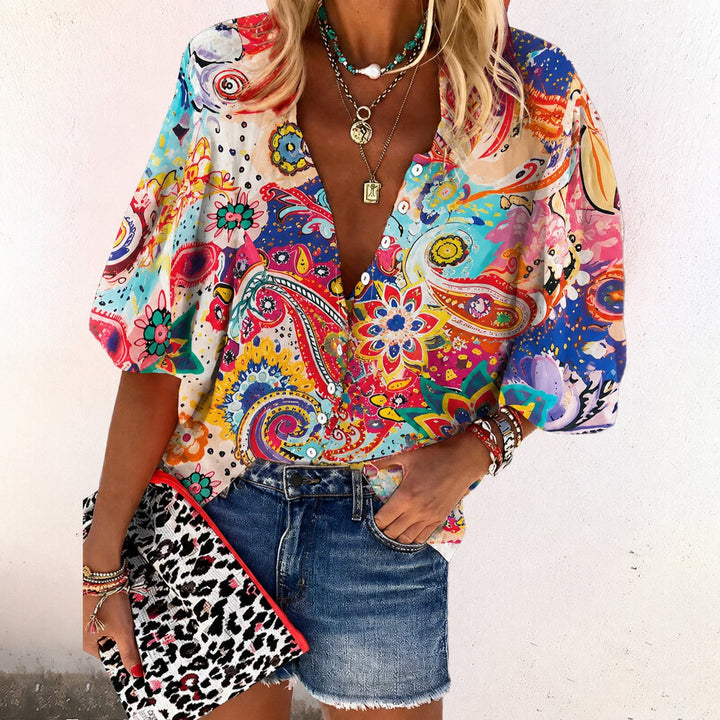 Emma | Boho Bluse V-Hals Lange Ermer Blomstertrykk