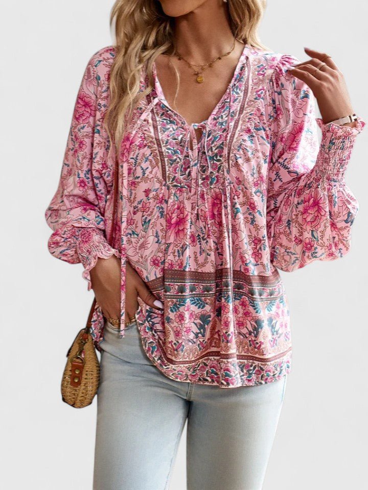 Sofia | Boho Bluse V-Hals Puffermarmer Blomstertrykk