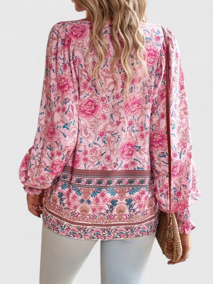 Sofia | Boho Bluse V-Hals Puffermarmer Blomstertrykk