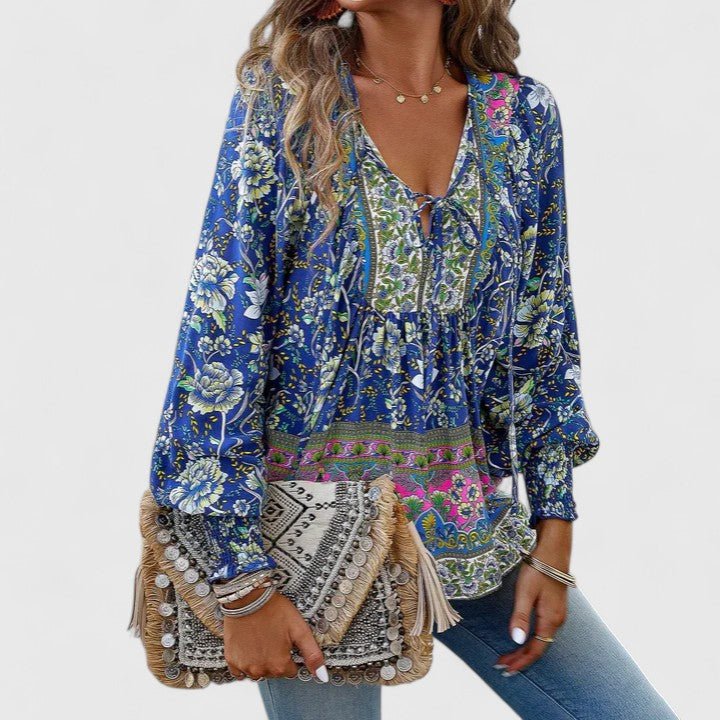 Sofia | Boho Bluse V-Hals Puffermarmer Blomstertrykk