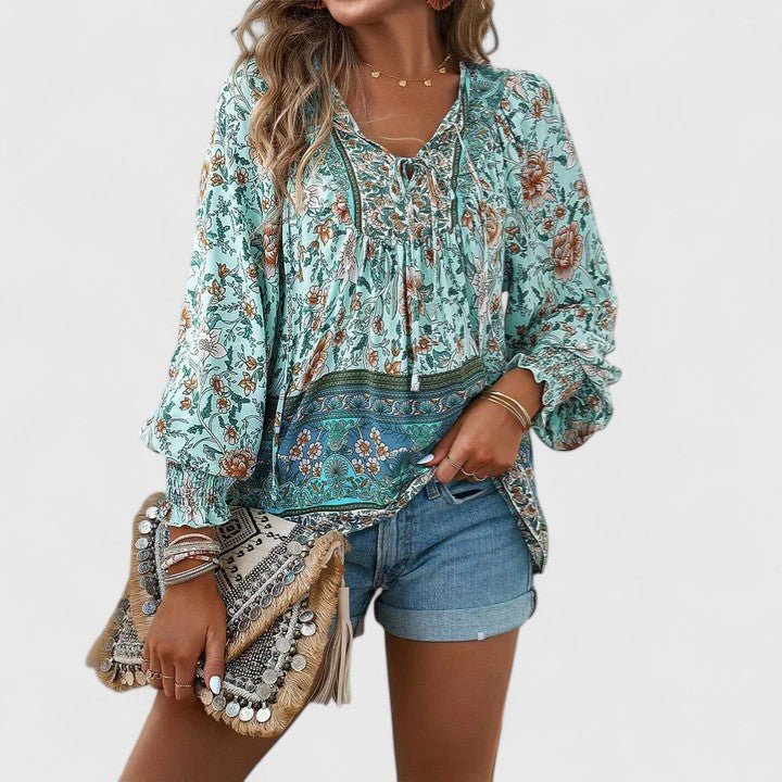 Sofia | Boho Bluse V-Hals Puffermarmer Blomstertrykk