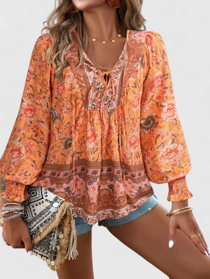 Sofia | Boho Bluse V-Hals Puffermarmer Blomstertrykk