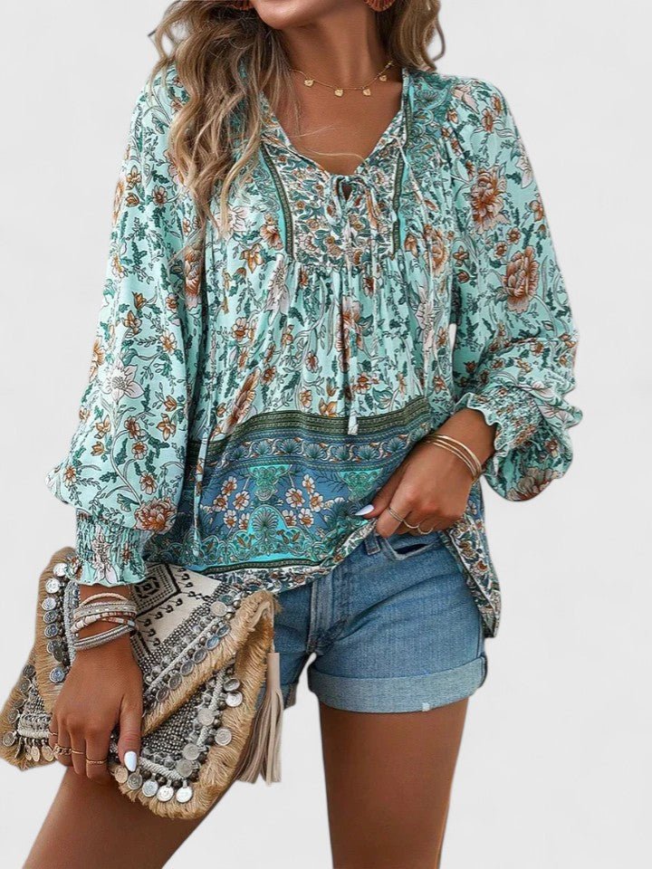 Sofia | Boho Bluse V-Hals Puffermarmer Blomstertrykk