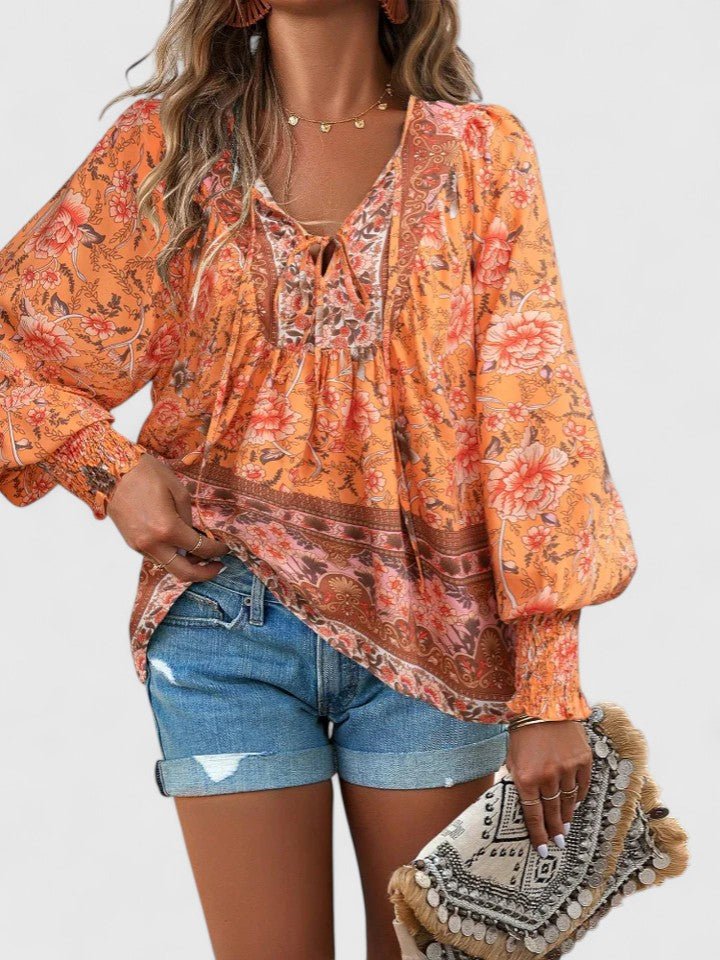 Sofia | Boho Bluse V-Hals Puffermarmer Blomstertrykk