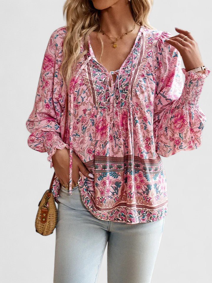 Sofia | Boho Bluse V-Hals Puffermarmer Blomstertrykk