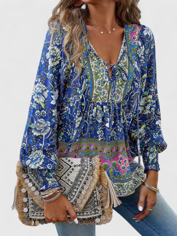 Sofia | Boho Bluse V-Hals Puffermarmer Blomstertrykk