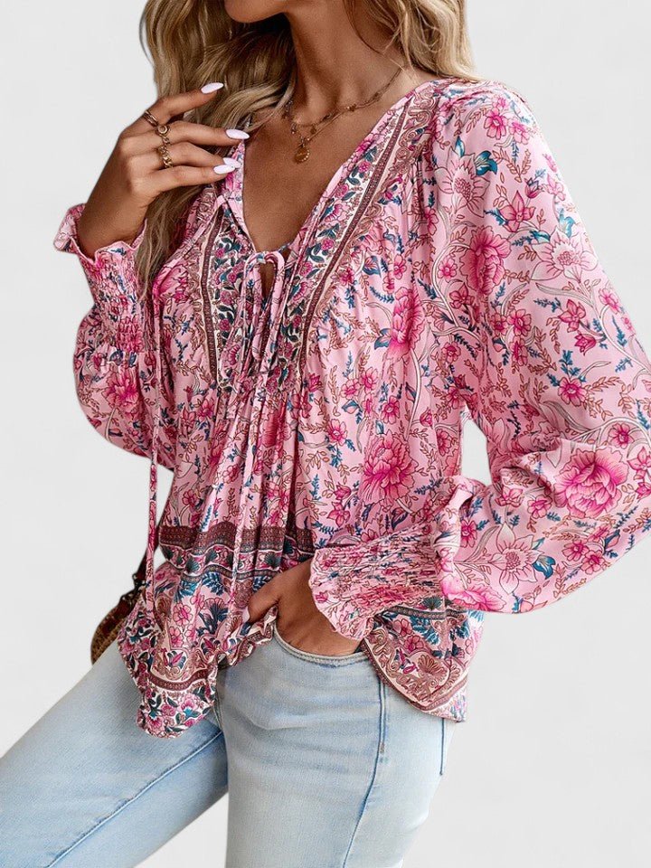 Sofia | Boho Bluse V-Hals Puffermarmer Blomstertrykk
