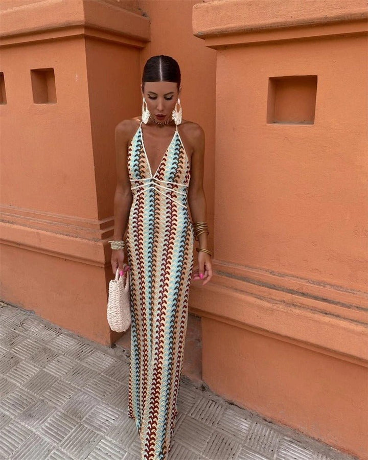 Anna | Boho Heklet Kjole Halterneck Maxi Strandkjole