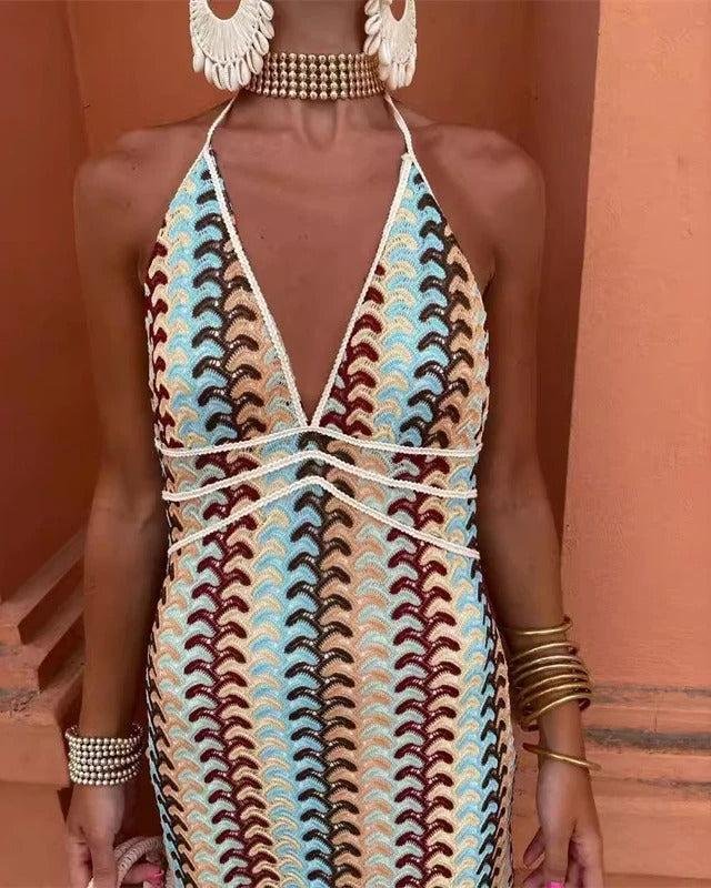Anna | Boho Heklet Kjole Halterneck Maxi Strandkjole