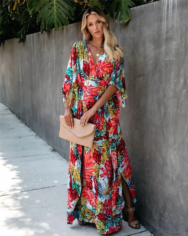 Nora | Boho Kimono Wrap Maxi Kjole Tropisk Trykk
