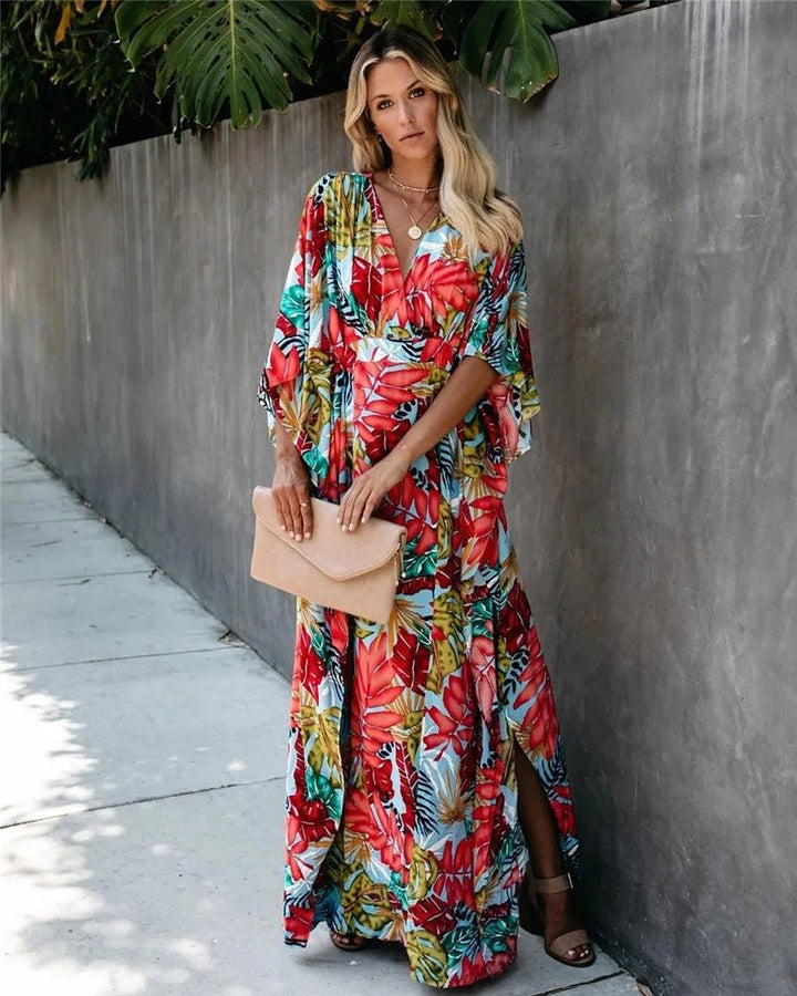 Nora | Boho Kimono Wrap Maxi Kjole Tropisk Trykk