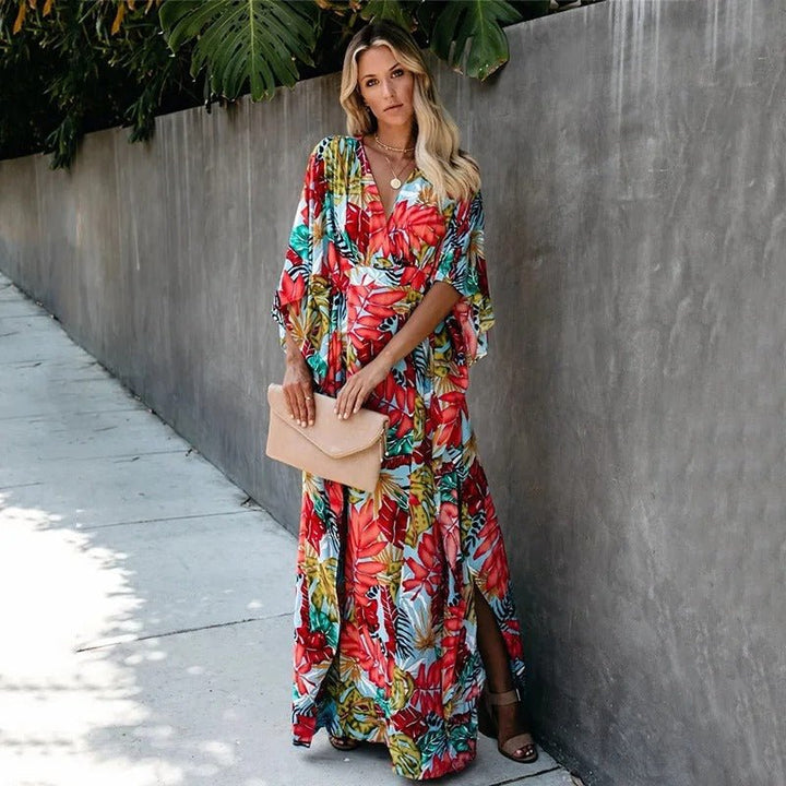 Nora | Boho Kimono Wrap Maxi Kjole Tropisk Trykk