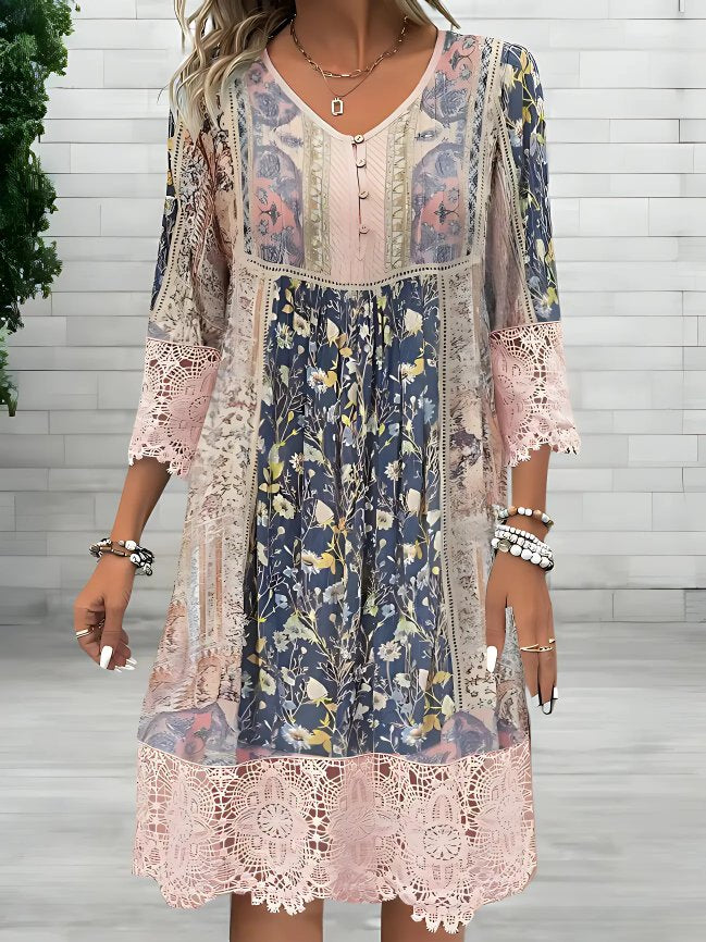 Laura | Boho Kjole Blomster Mønster V-Hals Lange Ermer Flytende