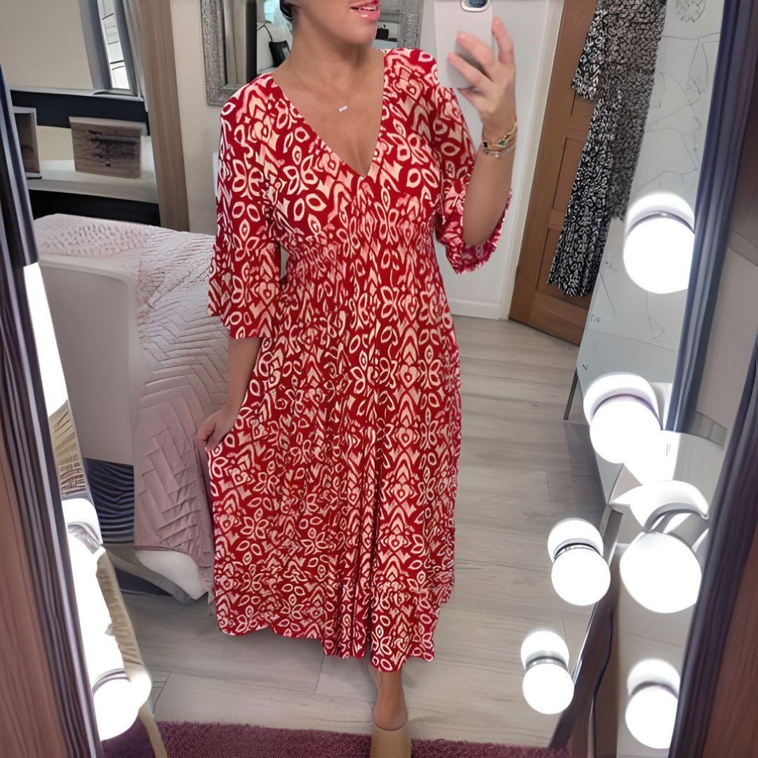 Nora | Boho Kjole Løs Passform Trykk Casual V-Hals