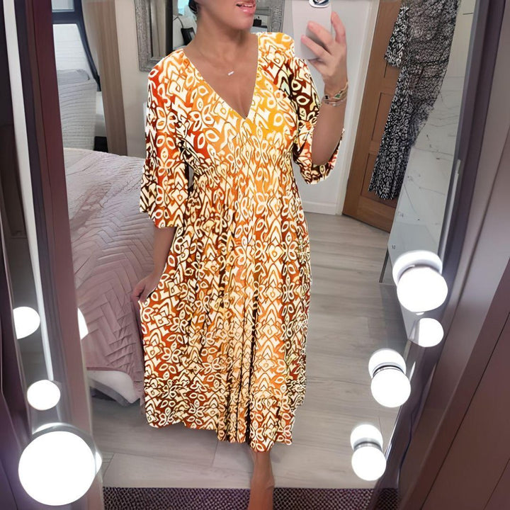Nora | Boho Kjole Løs Passform Trykk Casual V-Hals
