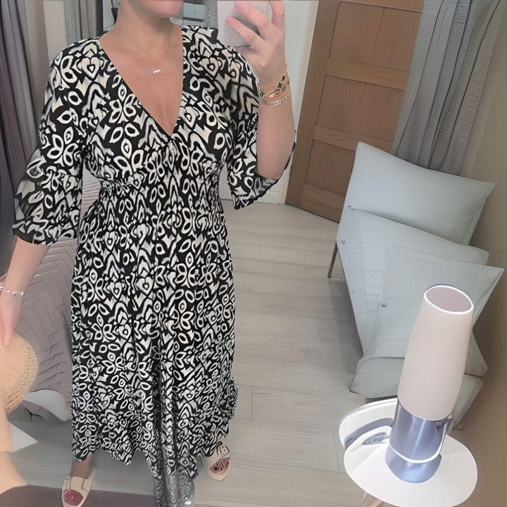 Nora | Boho Kjole Løs Passform Trykk Casual V-Hals