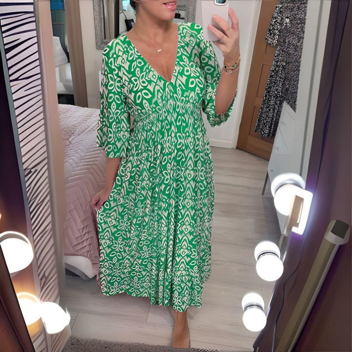 Nora | Boho Kjole Løs Passform Trykk Casual V-Hals