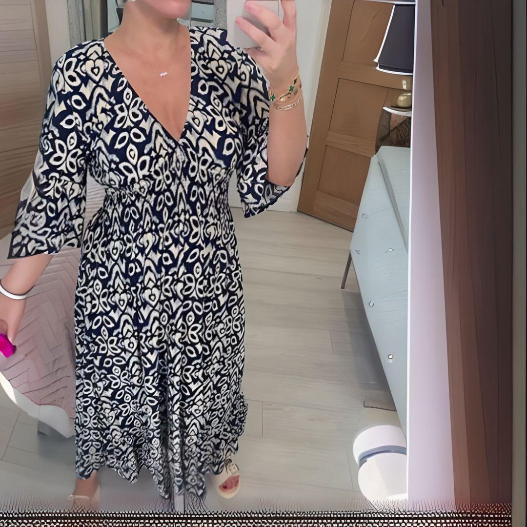 Nora | Boho Kjole Løs Passform Trykk Casual V-Hals